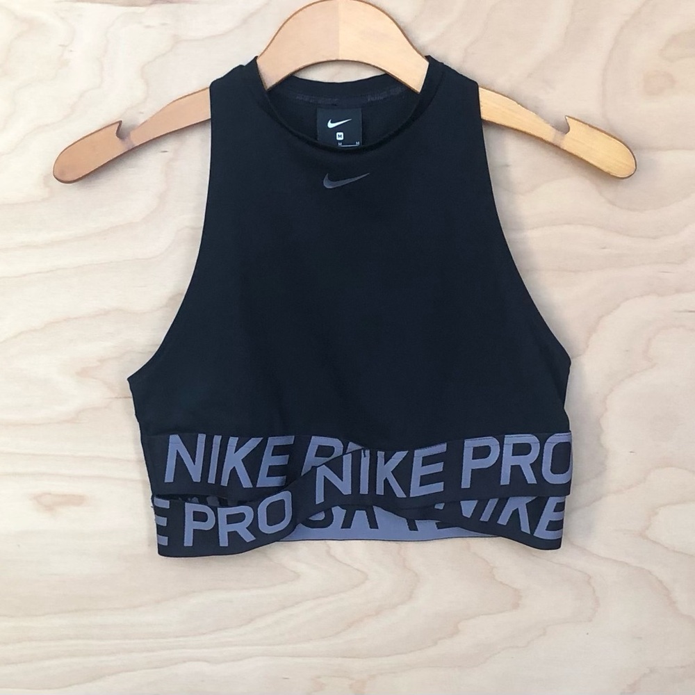 Nike Pro Black Crossover Training Crop Top Womens Sz M High Neck Fitted.